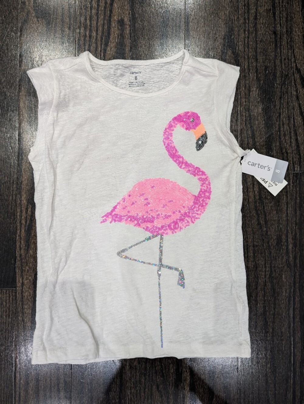 2/$20 Girls White Sequin Flamingo Sleeveless Top Size 8 NWT